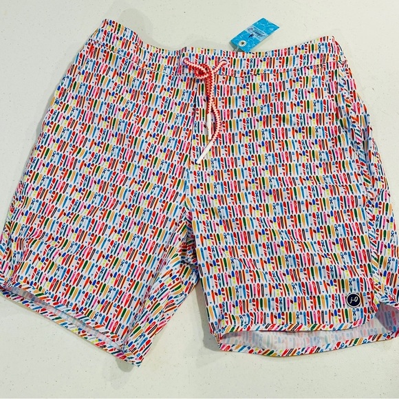 johnnie-O Half Elastic Surf Shorts Swell Small Surf Board Multicolor Print NWT - Picture 1 of 7